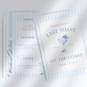 Last Toast on the Coast Bach Party Invite | Coastal Bach Weekend Itinerary Template | Cute Blue Coastal Beach Bachelorette Invitation