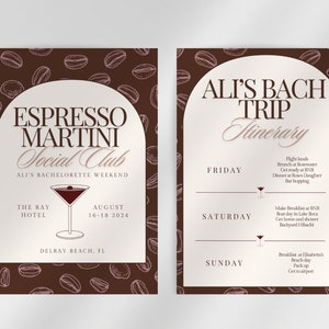 Op de afbeelding: Een bruine en witte uitnodiging met een koffieboonpatroon. De tekst luidt "Espresso Martini Social Club" en "Ali's Bachelorette Weekend". De uitnodiging bevat ook de data van 16 tot en met 18 augustus 2024 en de locatie Delray Beach, FL. De rechterkant van de uitnodiging toont de routebeschrijving voor het weekend, met de dagen vrijdag, zaterdag en zondag.