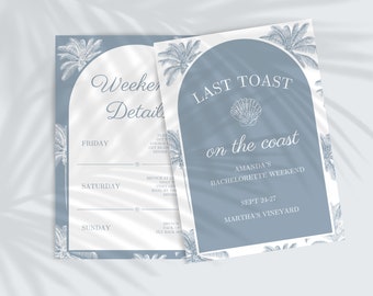Uitnodiging voor vrijgezellenfeest kust | Sjabloon Last Toast on the Coast-weekend | Leuke blauwe stranduitnodiging voor vrijgezellenfeesten