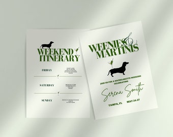 Weenies and Martinis Bachelorette Invite & Itinerary | Tinis and Weenies Invite Template | Dachshund Bach Weekend Itinerary | Printable PDF