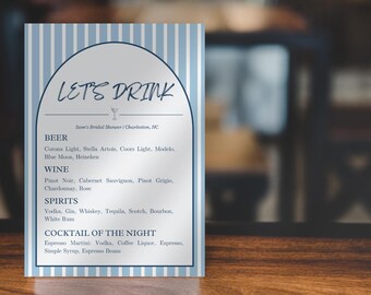 Beachy Bridal Drink and Food Menu | Coastal Bachelorette Lets Drink | Last Toast on the Coast Cocktail Menu | Custom Canva Template