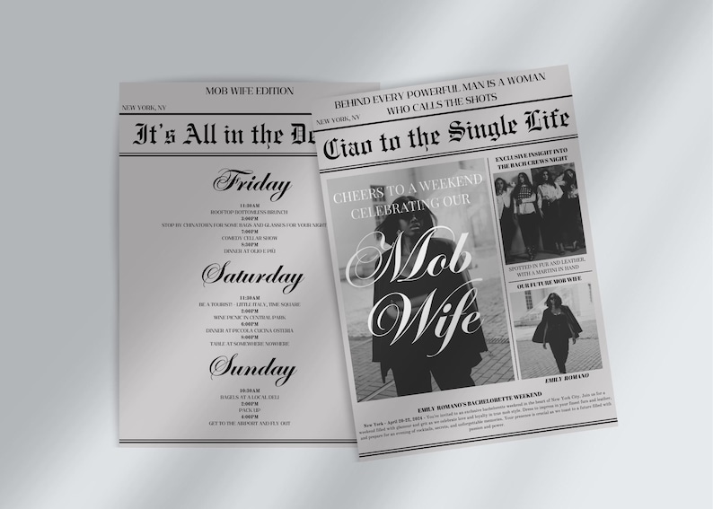Mob Wife Bachelorette Invite & Itinerary Template | Mafia Bachelorette Invitation | Vintage Bach Weekend Itinerary | Newspaper Bachelorette image 1