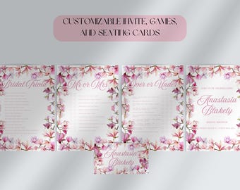 Floral Bridal Shower Bundle | Floral Bridal Shower Games | Bridal Shower Invite & Seating Cards | Custom Canva Template | Instant Download