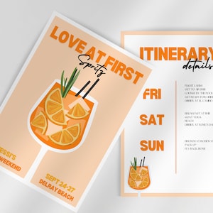Love at First Spritz Bachelorette Invite & Itinerary Template | Aperol Spritz Bachelorette Weekend Itinerary | Bach Party Canva Template