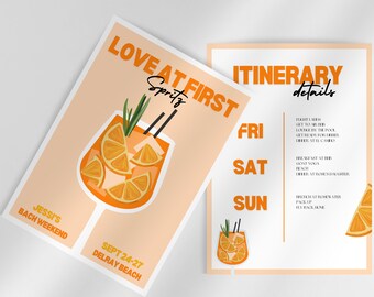 amo primeiro convite de despedida de solteira Spritz e modelo | Itinerário de fim de semana de despedida de solteira do Aperol Spritz | Modelo de Canva para Festa de Bach