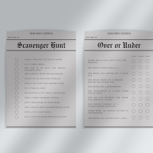 Könnte beinhalten: Zwei druckbare Spielkarten für eine Hochzeitsschnitzeljagd und ein Über- oder Unter-Spiel. Die Karten sind so gestaltet, dass sie wie Zeitungsseiten mit schwarzem und weißem Text aussehen. Die Schnitzeljagdkarte enthält eine Liste von Aufgaben, die zu erledigen sind, wie z. B. "Mach ein Foto mit dem Barkeeper" und "Hol dir ein kostenloses Getränk". Die Über- oder Unter-Karte enthält eine Liste von Fragen zur Hochzeit, wie z. B. "Die Braut und der Bräutigam haben sich vor 5 Jahren kennengelernt" und "Die Braut hat 8 Brautjungfern".