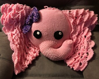 Crocheted Elephant Pillow - Ready to Ship