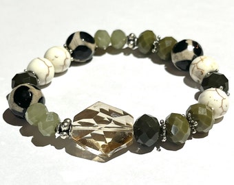 Africa Inspired Jewelry - Moss Green, Black and White Stone and Glass Beaded Stretch Bracelet