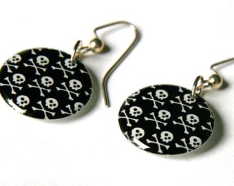 Skull and Crossbones Black and White Medium Resin Earrings with Sterling Ear Wires