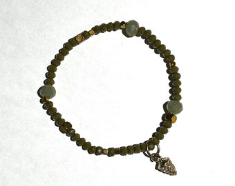 Moss Green and Gold Glass Beaded Stretch Bracelet