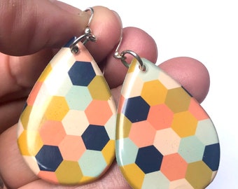 Geometric Design Drop Shape Resin Earrings in Teal, Navy, Orange, and Coral