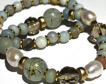 Teal and Brown and Gold Amazonite and Glass Beaded Stretch Bracelet Set