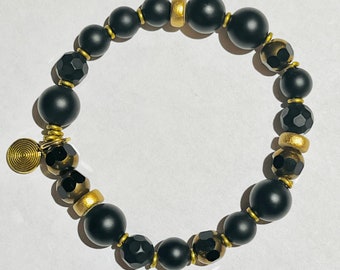 Black Onyx and Gold Beaded Stretch Bracelet