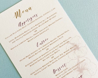 Vintage Hawaiian wedding menus, paper menus, printed menus, destination wedding, tropical, floral