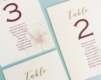 Vintage Hawaiian wedding table numbers, reception, custom guest names, destination wedding