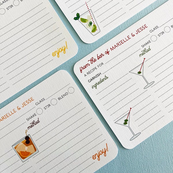 Cocktail recipe cards - Personalized recipe cards, set of 20, housewarming gift, teacher gift, bridal shower, mixology, drinks