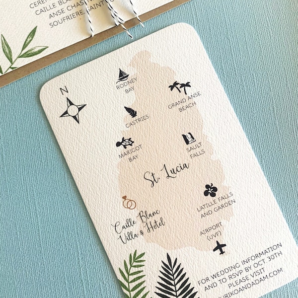 Palm Tropical Wedding invitation, modern, destination, beach, island, St. Lucia, Bali, Hawaii, Jamaica, Puerto Rico, set