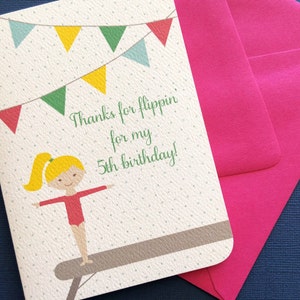 Gymnastics Thank You card, set, girl birthday party, gift cards, thank you notes, custom colors image 1