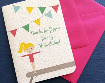 Gymnastics Thank You card, set, girl birthday party, gift cards, thank you notes, custom colors