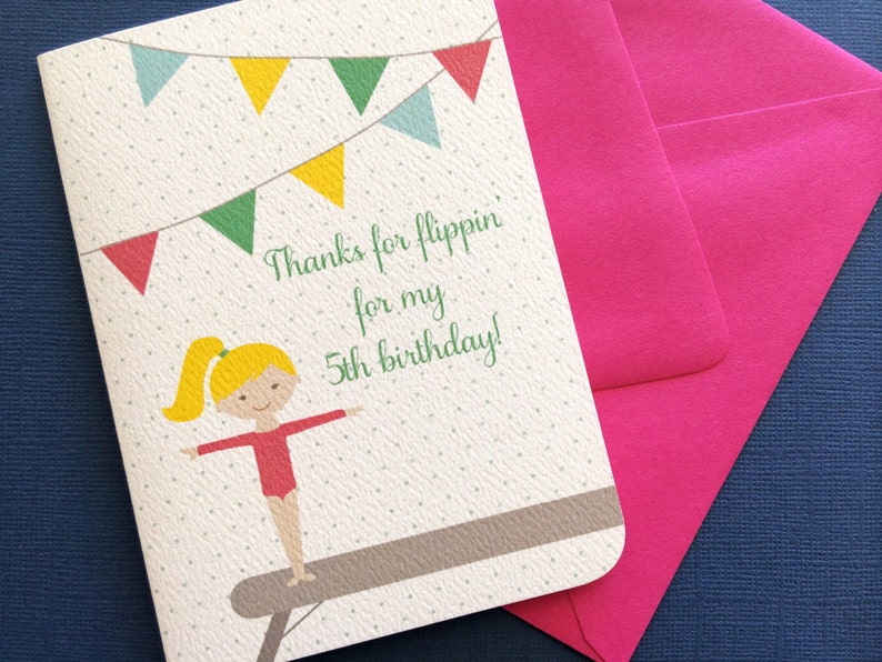 Gymnastics Thank You card, set, girl birthday party, gift cards, thank you notes, custom colors image 1