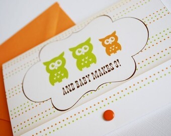 Baby Makes 3- in orange... shower or birth announcement, set of 20, owls family, party invitation