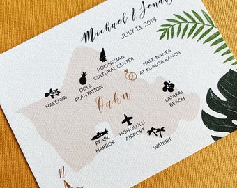 Tropical Hawaiian Island Save the Date, destination wedding announcement, engagement, Maui, Kauai, Oahu, Hawaii, Big Island, single side map