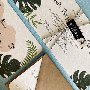 Set of 90 Palm Tropical Wedding invitation, modern, destination, beach, island, Hawaii, Maui, Oahu, Kauai, Jamaica, Puerto Rico, set image 1