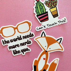 Stickerverscheidenheidspakket, sticker vos, sticker succulent cactus, de wereld heeft meer nerds zoals jij nodig, laptopsticker, vinyl