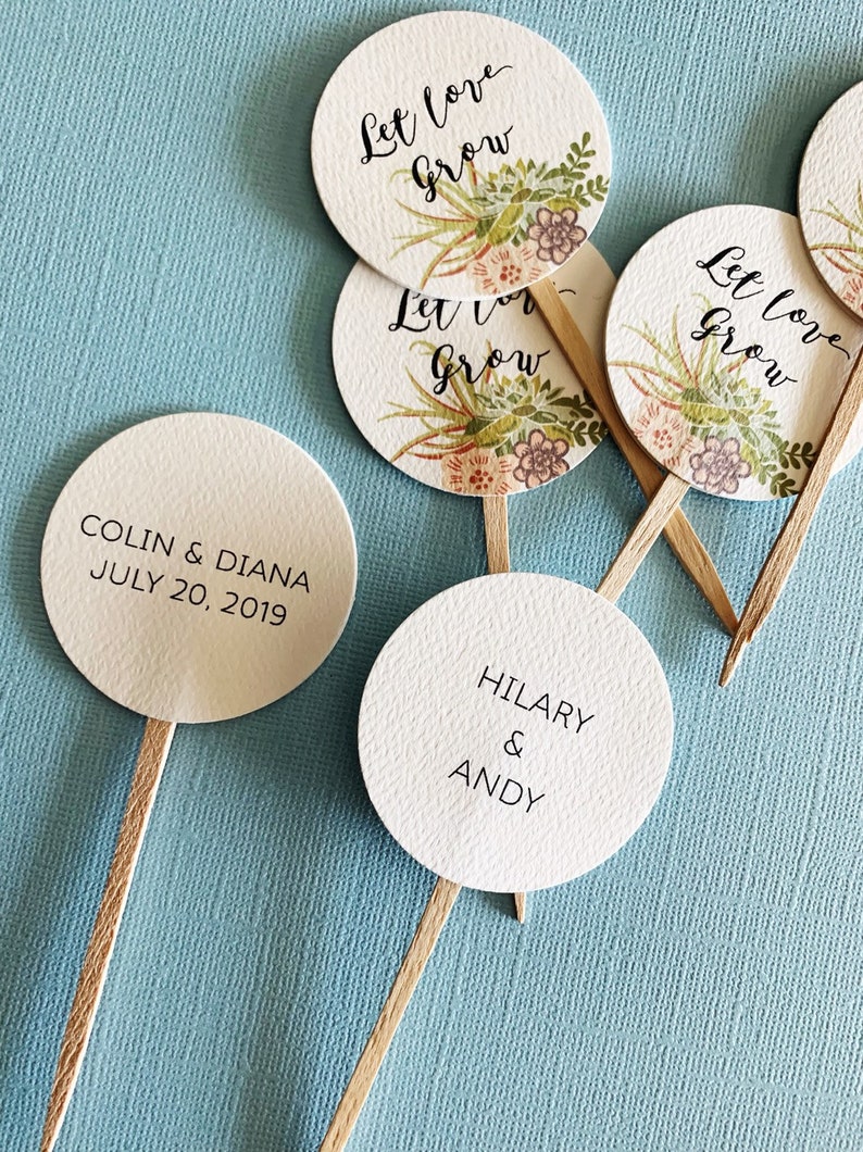 Let Love Grow Favor Tags sticks, Watch Me Grow, custom tags, reception favors, bridal shower, baby shower, succulent design, wood picks zdjęcie 2