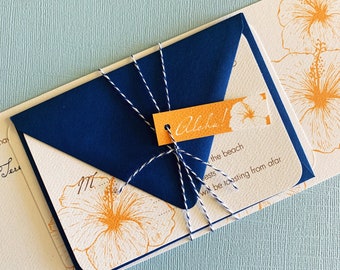 Set of 16 Vintage Hawaiian invitation sets, invitation suite, orange and royal blue, destination wedding, tropical invitation, floral