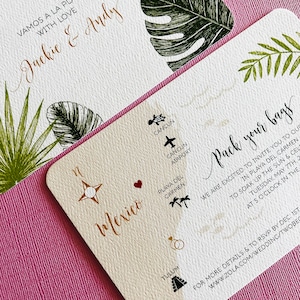 NIEUWE tropische palm Mexico trouwkaart, bewaar deze datum, uitnodiging, Tulum, Cancun, Playa del Carmen, Conzumel, Yucatan, bestemming bruiloft