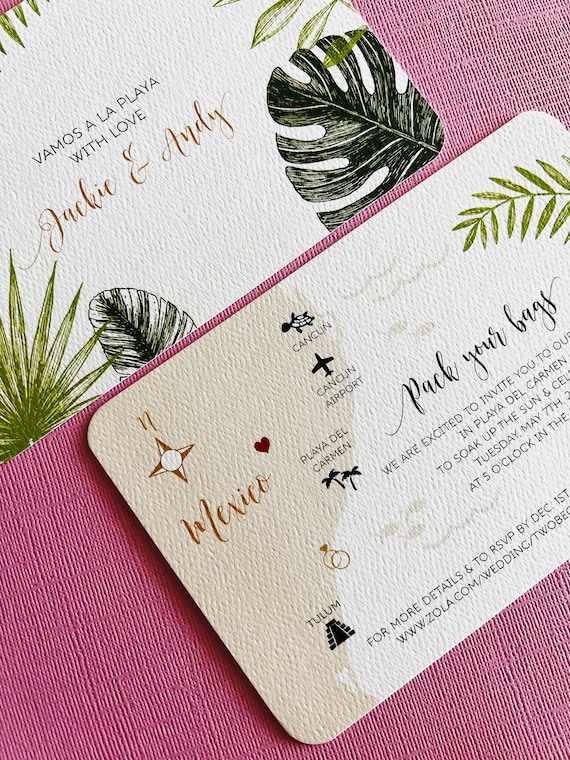 NEW Tropical Palm Mexico Wedding Map, save the date, invitation, Tulum, Cancun, Playa del Carmen, Conzumel, Yucatan, destination wedding