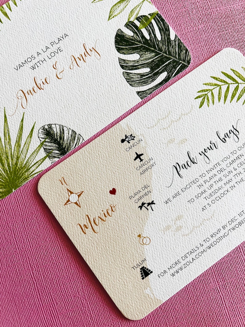NEW Tropical Palm Mexico Wedding Map, save the date, invitation, Tulum, Cancun, Playa del Carmen, Conzumel, Yucatan, destination wedding image 1