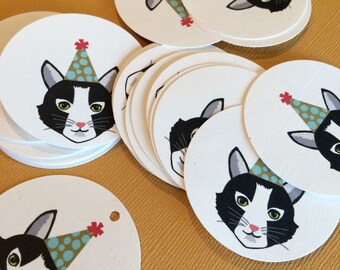 Birthday party cat gift tags, cat lover, party tags, notecards, greeting cards, party hat, favor tags, thank you