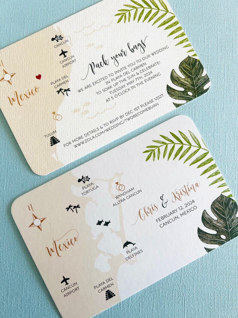 NEW Tropical Palm Mexico Wedding Map, save the date, invitation, Tulum, Cancun, Playa del Carmen, Conzumel, Yucatan, destination wedding image 7