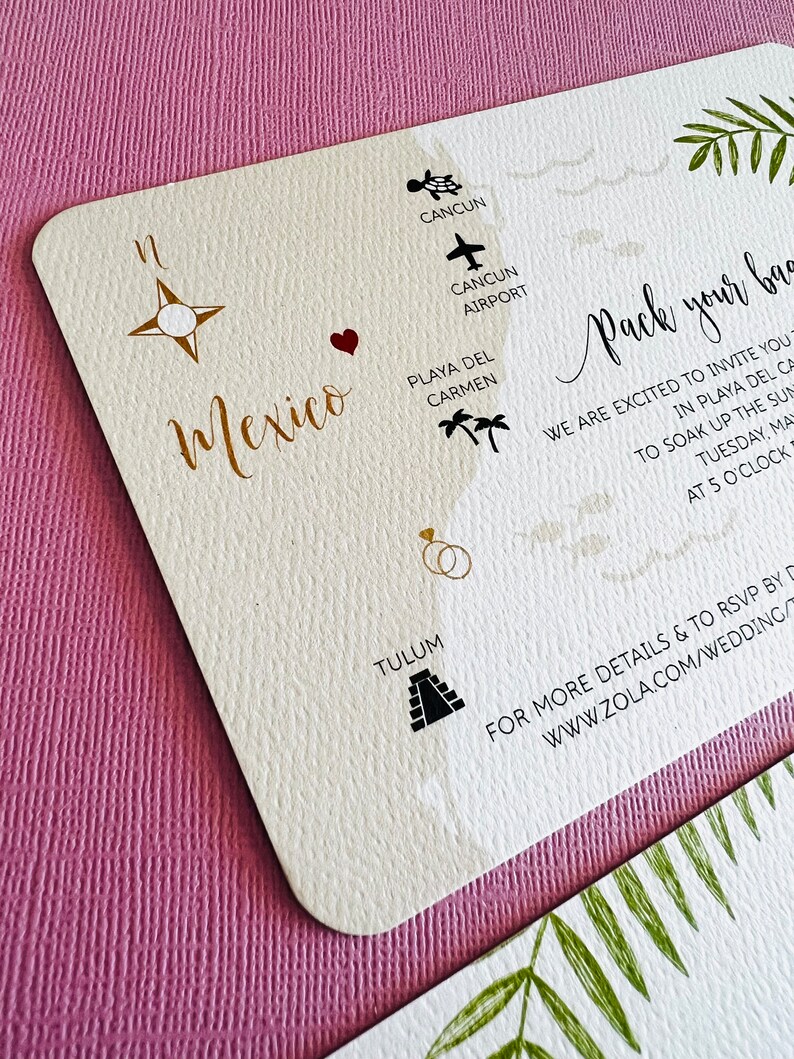 NEW Tropical Palm Mexico Wedding Map, save the date, invitation, Tulum, Cancun, Playa del Carmen, Conzumel, Yucatan, destination wedding image 2