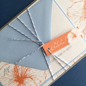Vintage Hawaiian-  invitation sample, invitation suite,, light blue and orange, destination wedding, tropical invitation, floral