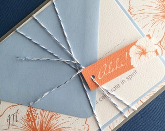 Set of 50 Vintage Hawaiian wedding invitation, invitation suite,, light blue and orange, destination wedding, tropical invitation, floral