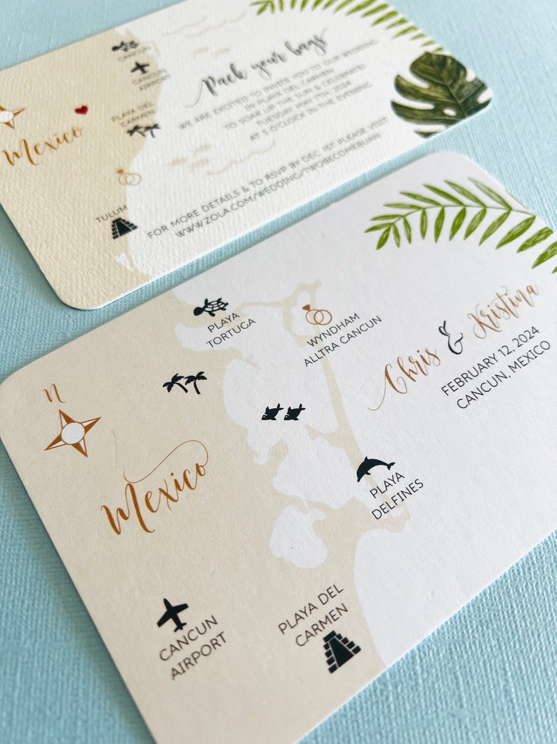 NEW Tropical Palm Mexico Wedding Map, save the date, invitation, Tulum, Cancun, Playa del Carmen, Conzumel, Yucatan, destination wedding image 6