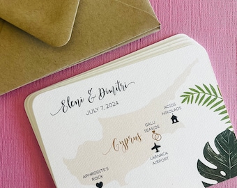 Tropical Cyprus Save the Date, destination wedding, invitation, announcement, engagement, island wedding, wedding map, Galu Seaside