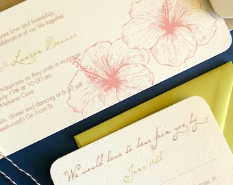 Set of 102 Vintage Hawaiian invitations, chartreuse and coral, destination wedding, tropical invitation, floral
