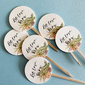 Let Love Grow Favor Tags sticks, Watch Me Grow, custom tags, reception favors, bridal shower, baby shower, succulent design, wood picks zdjęcie 1