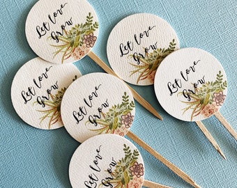 Let Love Grow Favor Tags sticks, Watch Me Grow, custom tags, reception favors, bridal shower, baby shower, succulent design, wood picks