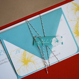 Vintage Hawaiian-  invitation sample, invitation suite, destination wedding, tropical invitation, floral, teal and yellow