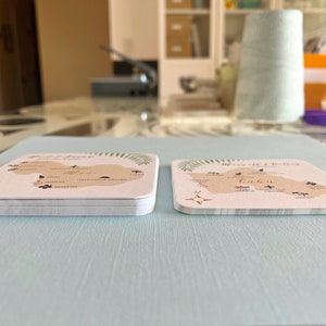 Left coasters are DOUBLE thick smooth paper. Right PAPER coasters are printed on 110# cover stock with a felt finish.  Both are stacks of 10 coasters each, for you compare.