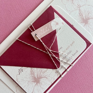 Vintage Hawaiian-  invitation sample, invitation suite, destination wedding, tropical invitation, floral, mauve, pink, plum