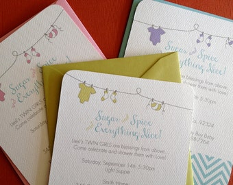 Sugar & Spice- shower invitation, set of 10, twins, expecting, baby clothes, sweet pregnancy, baby announcement
