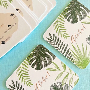 Tropical personalized paper coasters, wedding reception, bridal shower, double sided, wedding map, Hawaii islands, Maui, Kauai, Oahu, drink image 3