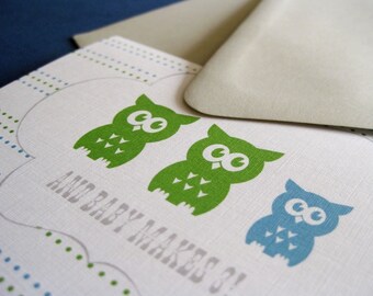 And baby Makes 3- in blue... shower or birth announcement. set of 20, owls family, party invitation