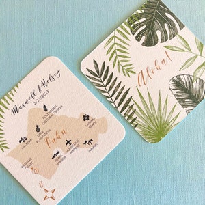 Tropical personalized paper coasters, wedding reception, bridal shower, double sided, wedding map, Hawaii islands, Maui, Kauai, Oahu, drink image 5